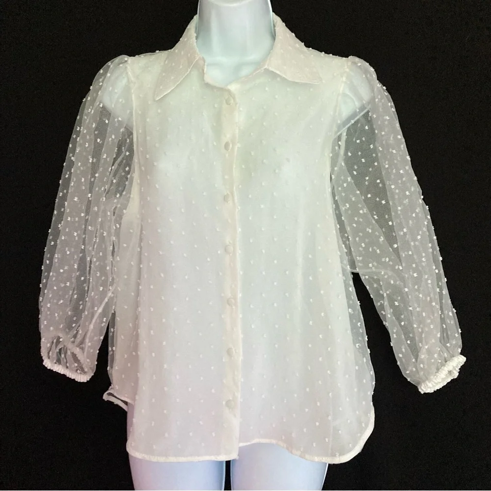 Zara White Swiss Dot Sheer Puff Sleeve Organza Button Up Blouse, Sz S